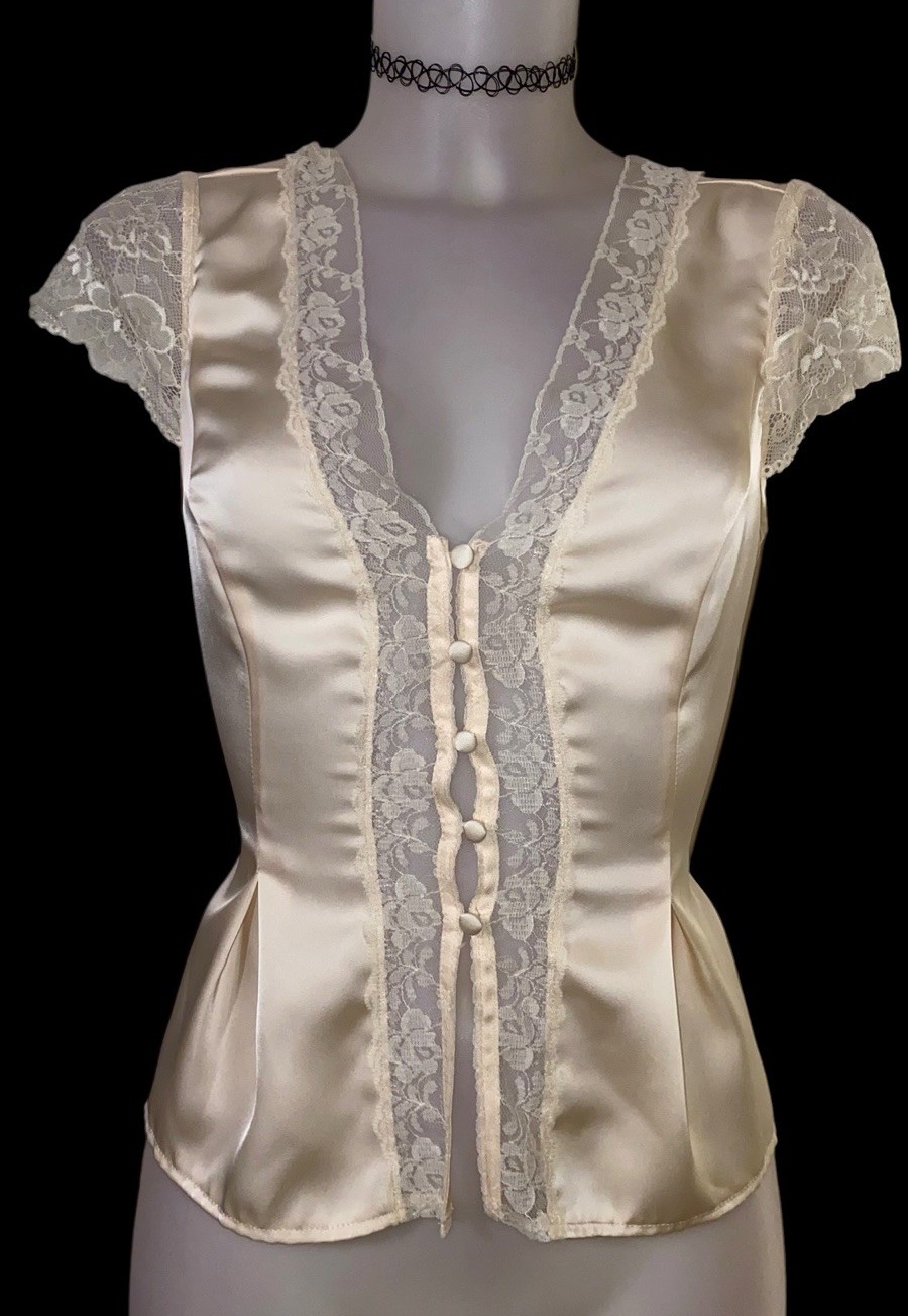 Y2k 90s Womens Victorian Champagne Satin Lace Sheer Fairycore Coquette Top Sz M