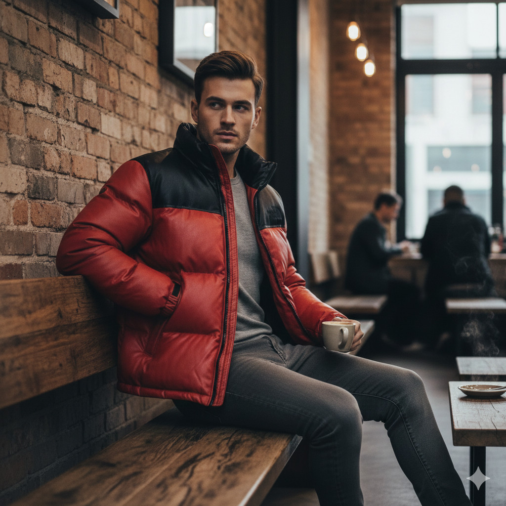 Men’s Genuine Sheepskin Leather Puffer Jacket Red/Black Winter Warm Coat All Siz