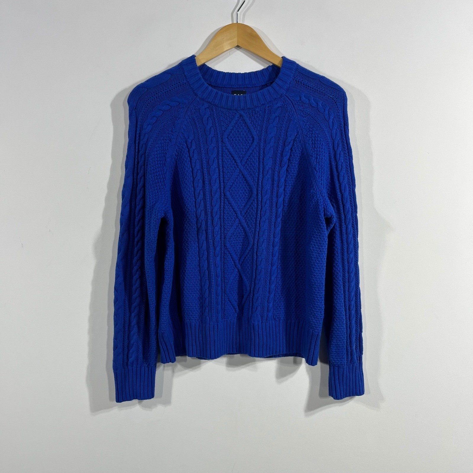 Gap Womens Preppy Fisherman Blue Cable Knit Cotton Crew Neck Sweater Medium