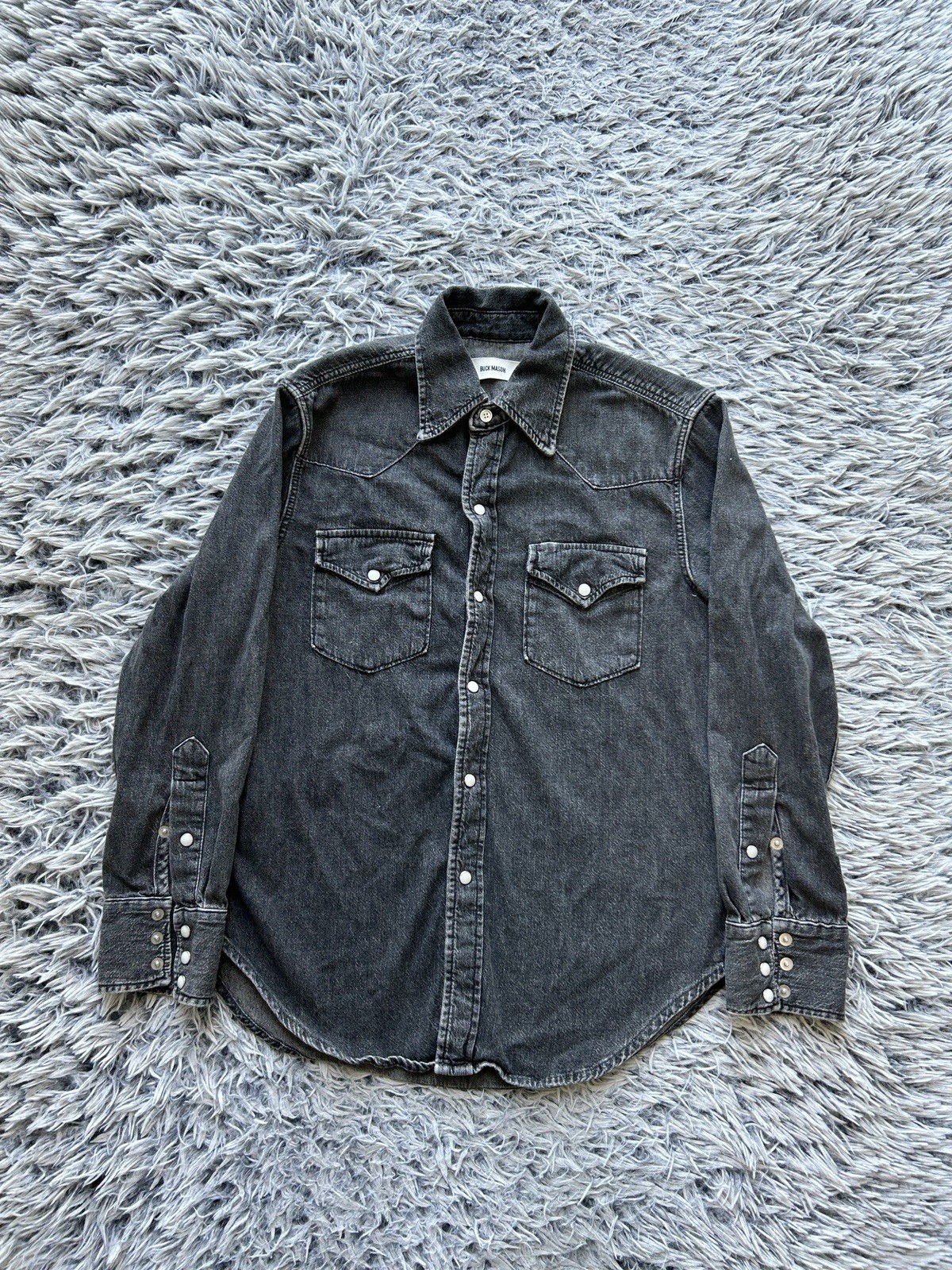 Buck Mason Shirt Womens XS Faded Black Nep Western Pearl Snap Gray Long Sleeve