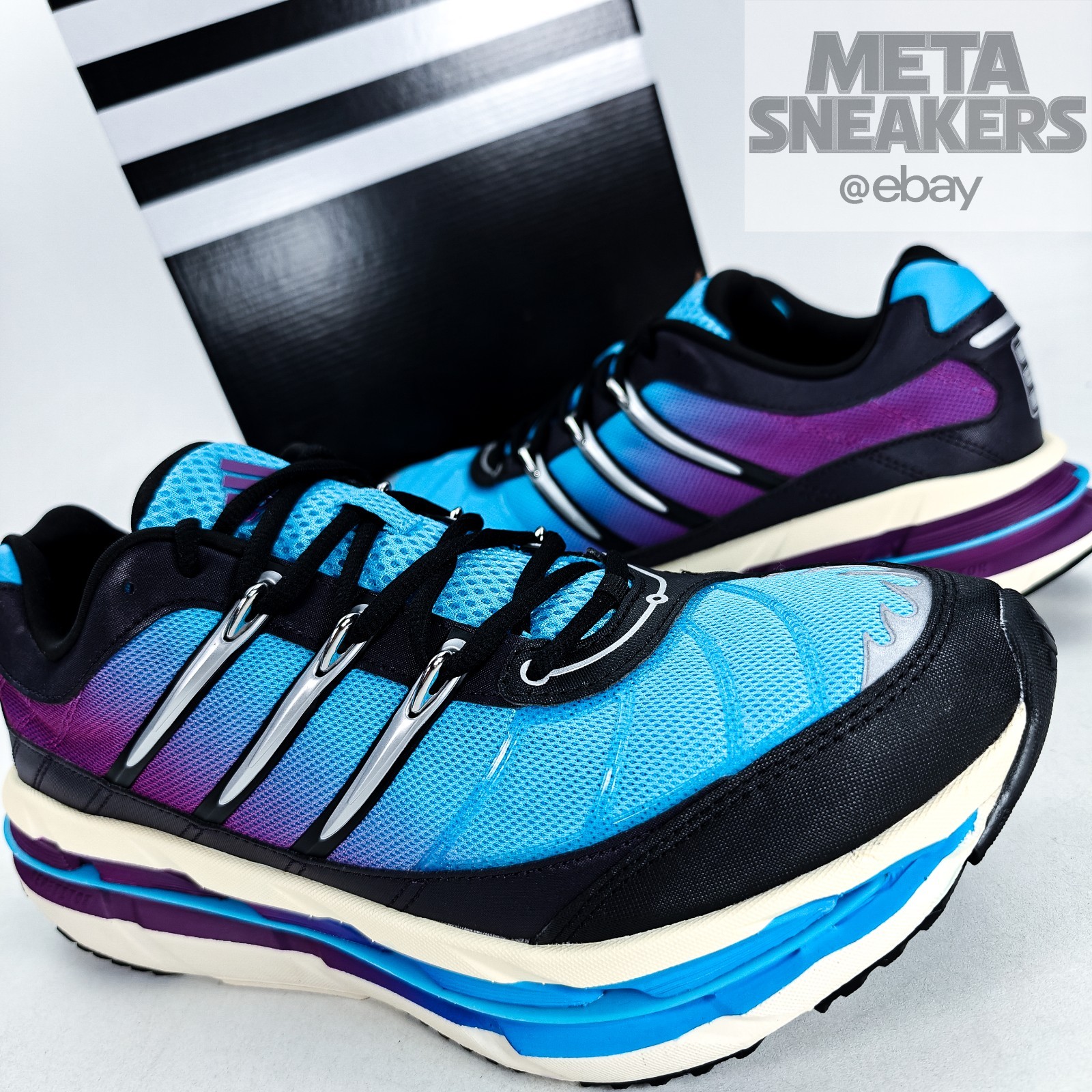 Adidas US 12 Men’s Black Blue Purple White Comfort Retro Runner HRMY JR7311 New