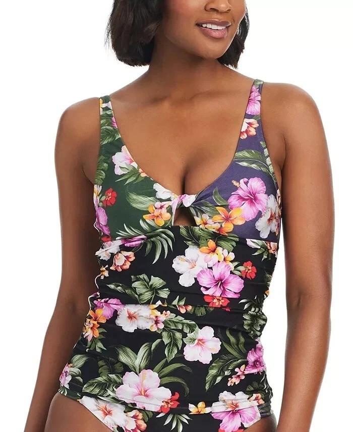 Bar III Women’s Size M Floral Print V-Neck Tankini Top Multicolor e1400