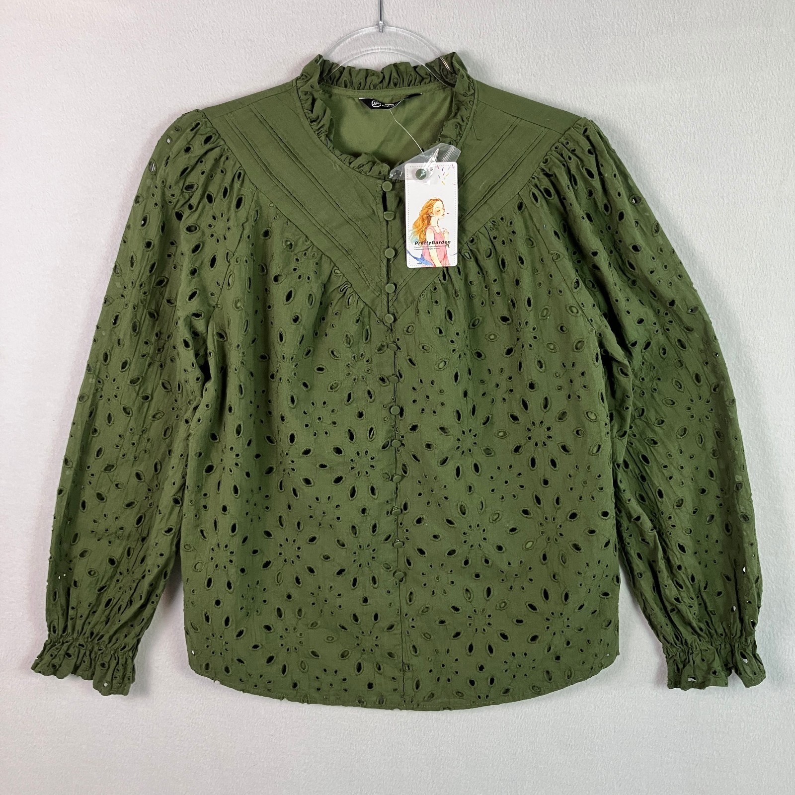 PrettyGarden Eyelet Lace Long Sleeve Blouse Women’s Size L Olive Lined NWT