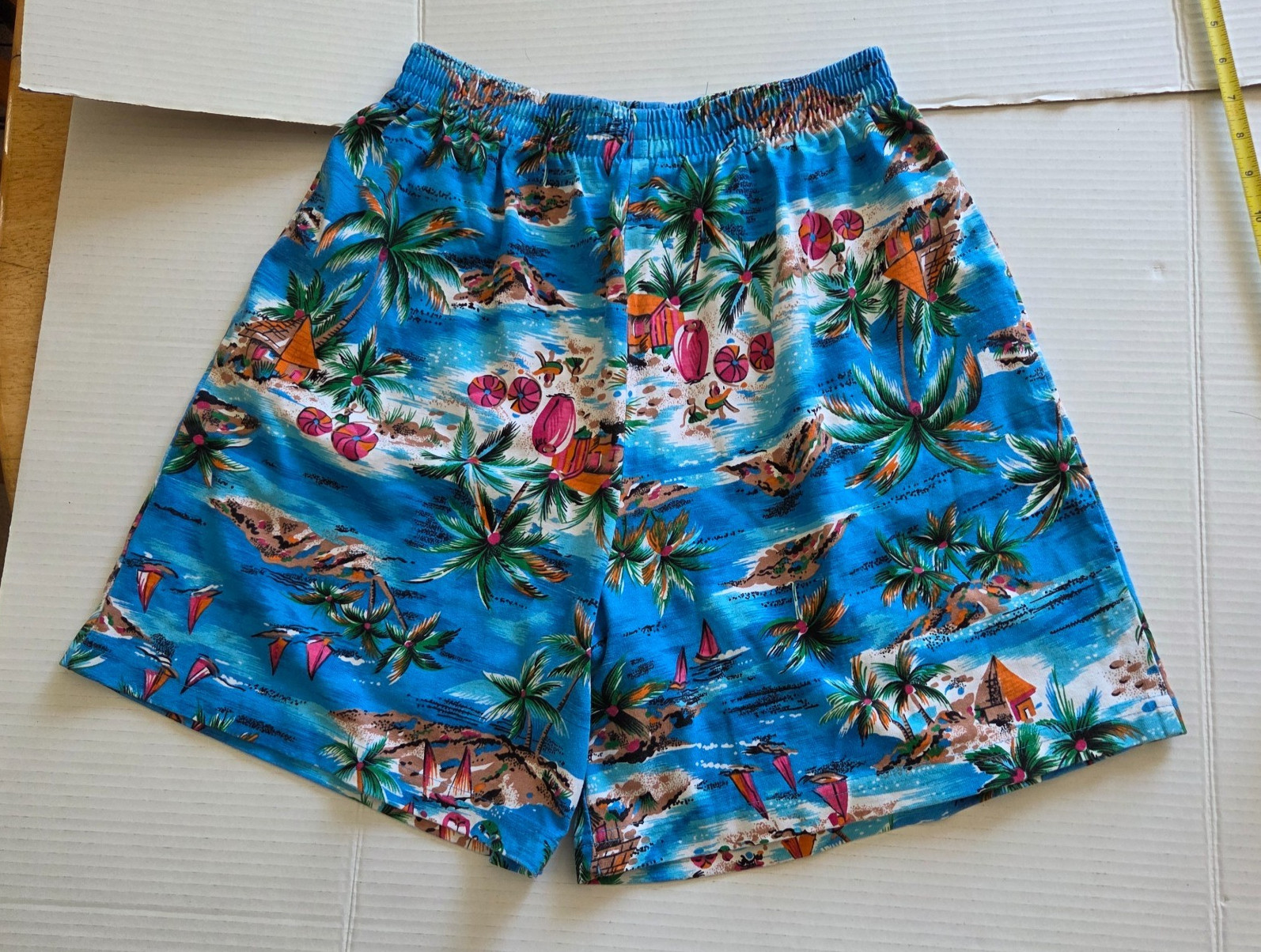 Vintage Palm Beach Hut Tropical Hawaiian All Over Print Shorts Womens L Elastic