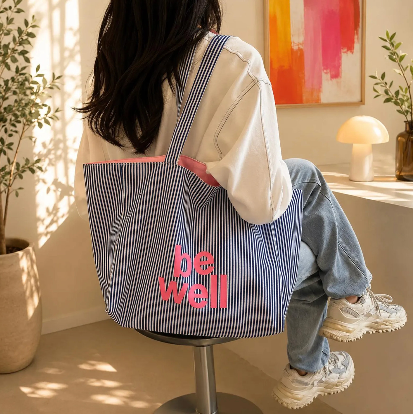 Large Blue Canvas Tote Bag Women Shoulder Bag Striped Travel Beach Shopper Purse