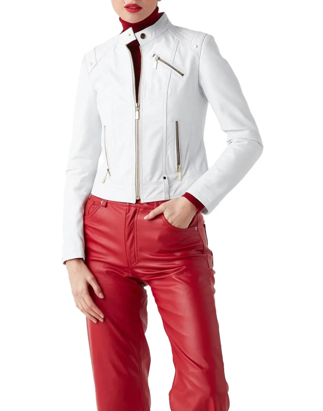 Women’ White Leather Jacket Biker Moto Lambskin Size S M L XL XXL 3XL Custom Fit