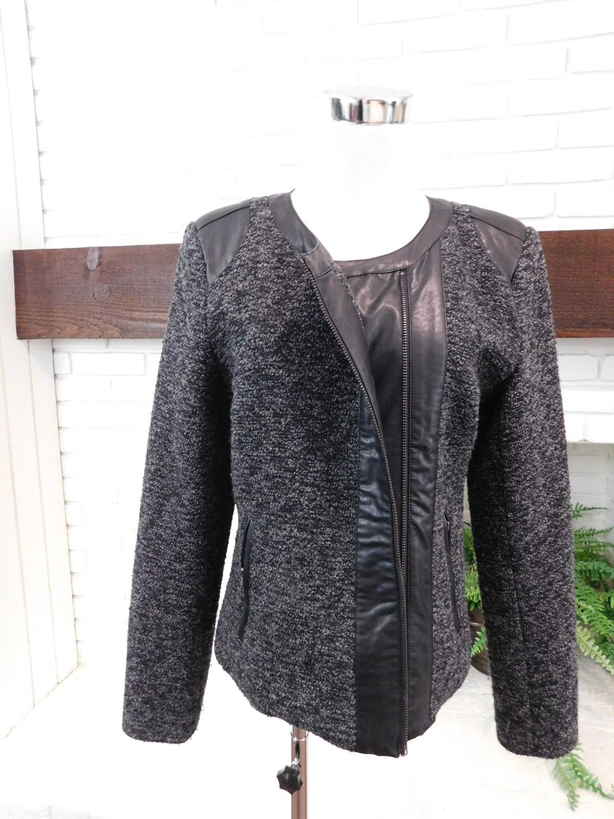 MOTO STYLE TWEED JACKET WOOL WINTER 548 SAKS FITH AVE BRAND Sz M FAUX LEATHER