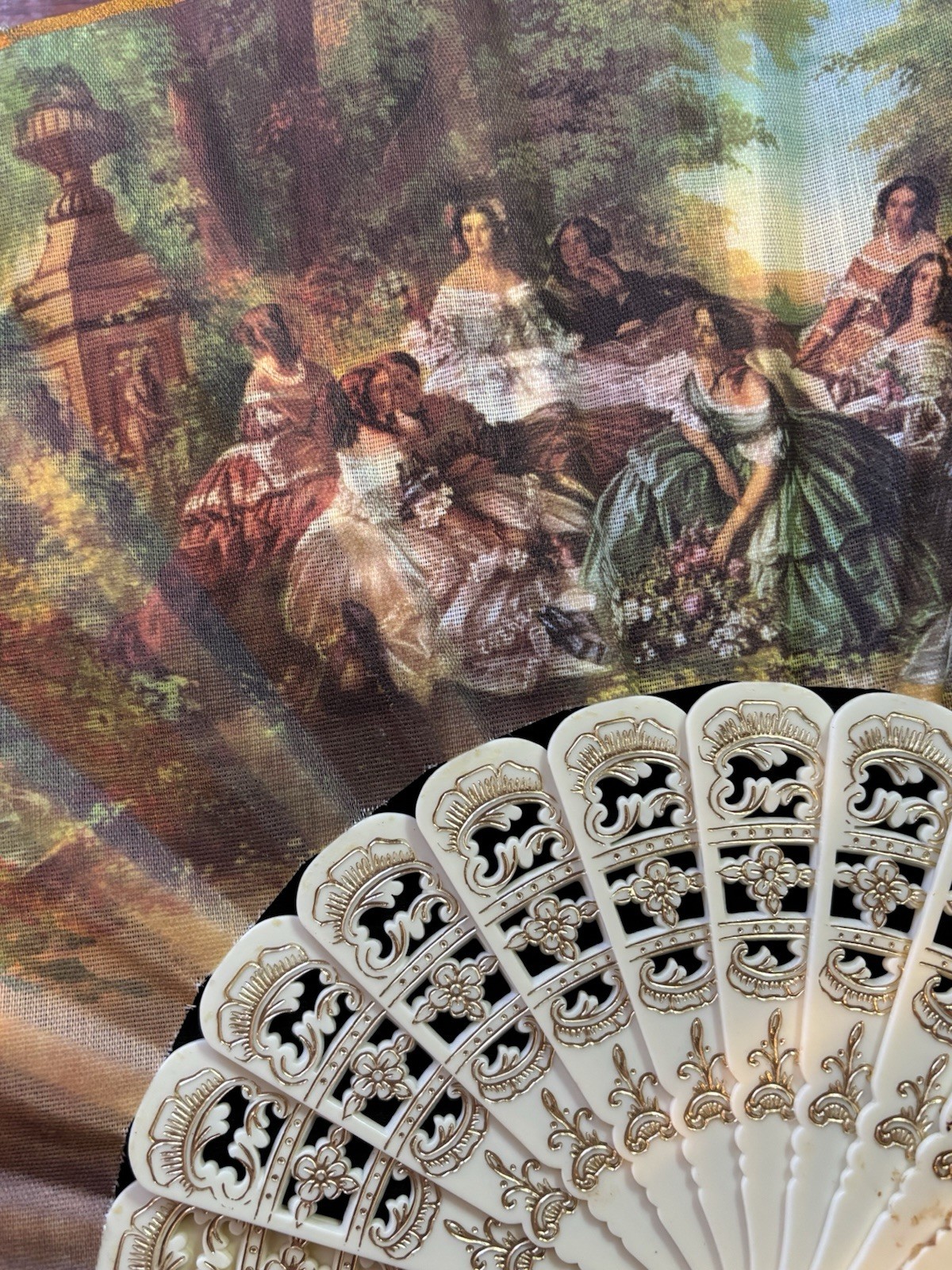 Victorian Multi-Color Hand Fan Ivory Fabric Plastic Formal Occasion