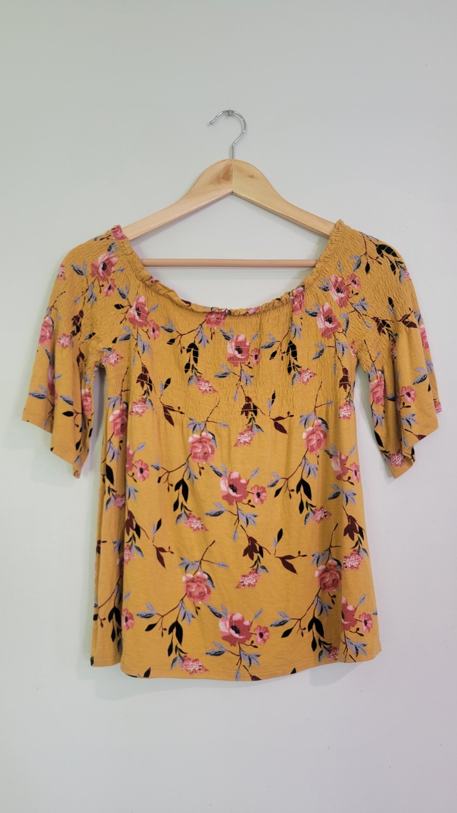 Rewind Yellow Pink Floral Off-Shoulder Smocked 3/4 Bell Sleeve Blouse S