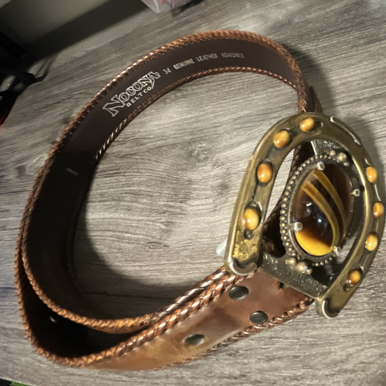 Nocona Belt Co. Size 34 Genuine leather buckle horseshoe tiger eye nat stone