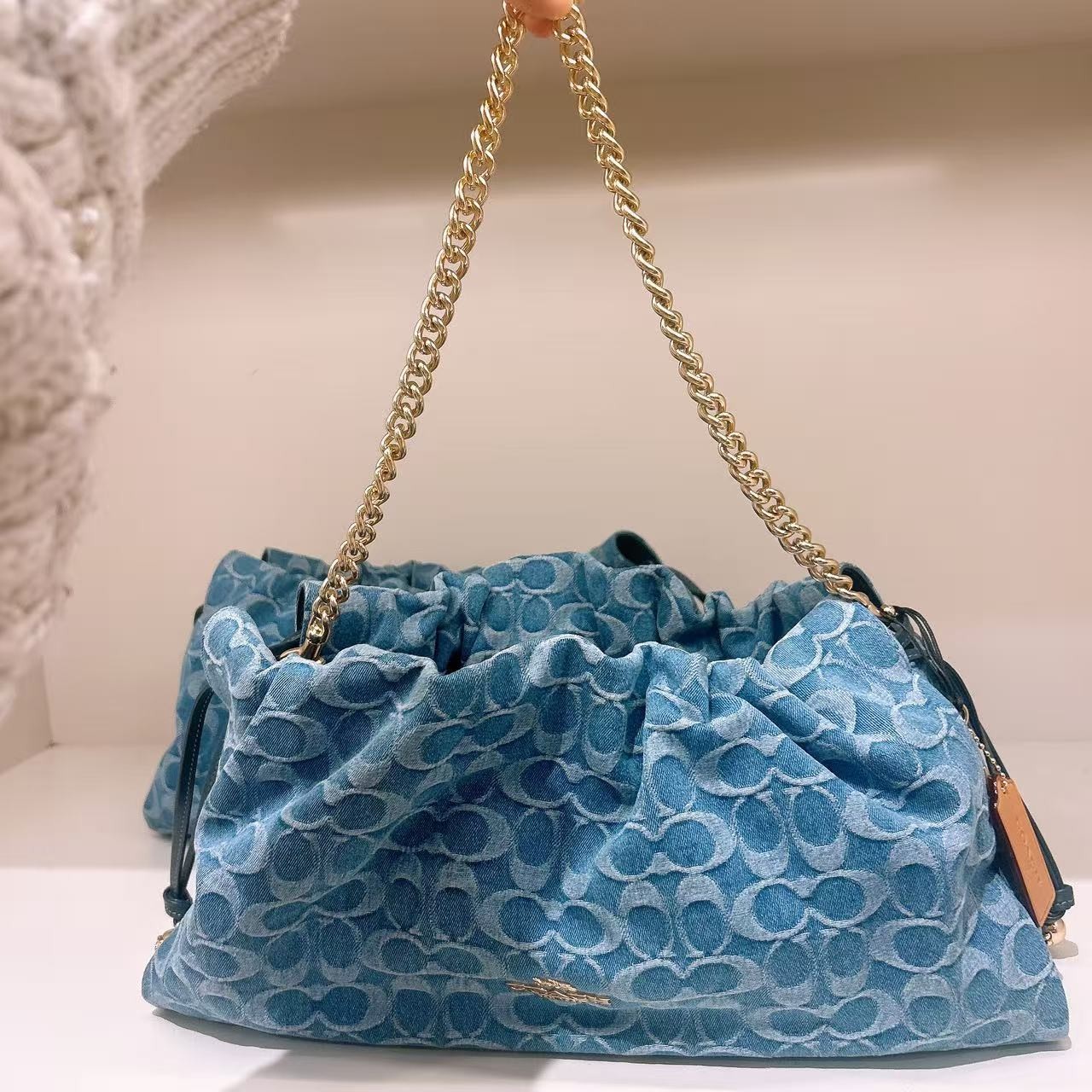NWT Coach CDB97 Faye Large Shoulder Bag In Signature Denim Gold/Indigo