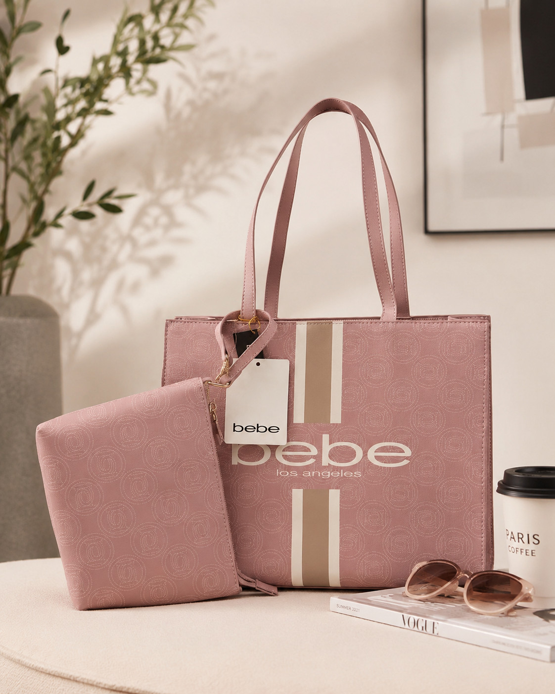 Bebe Ember Tote Powder Pink with Insert – Stylish Lightweight Logo Tote Bag