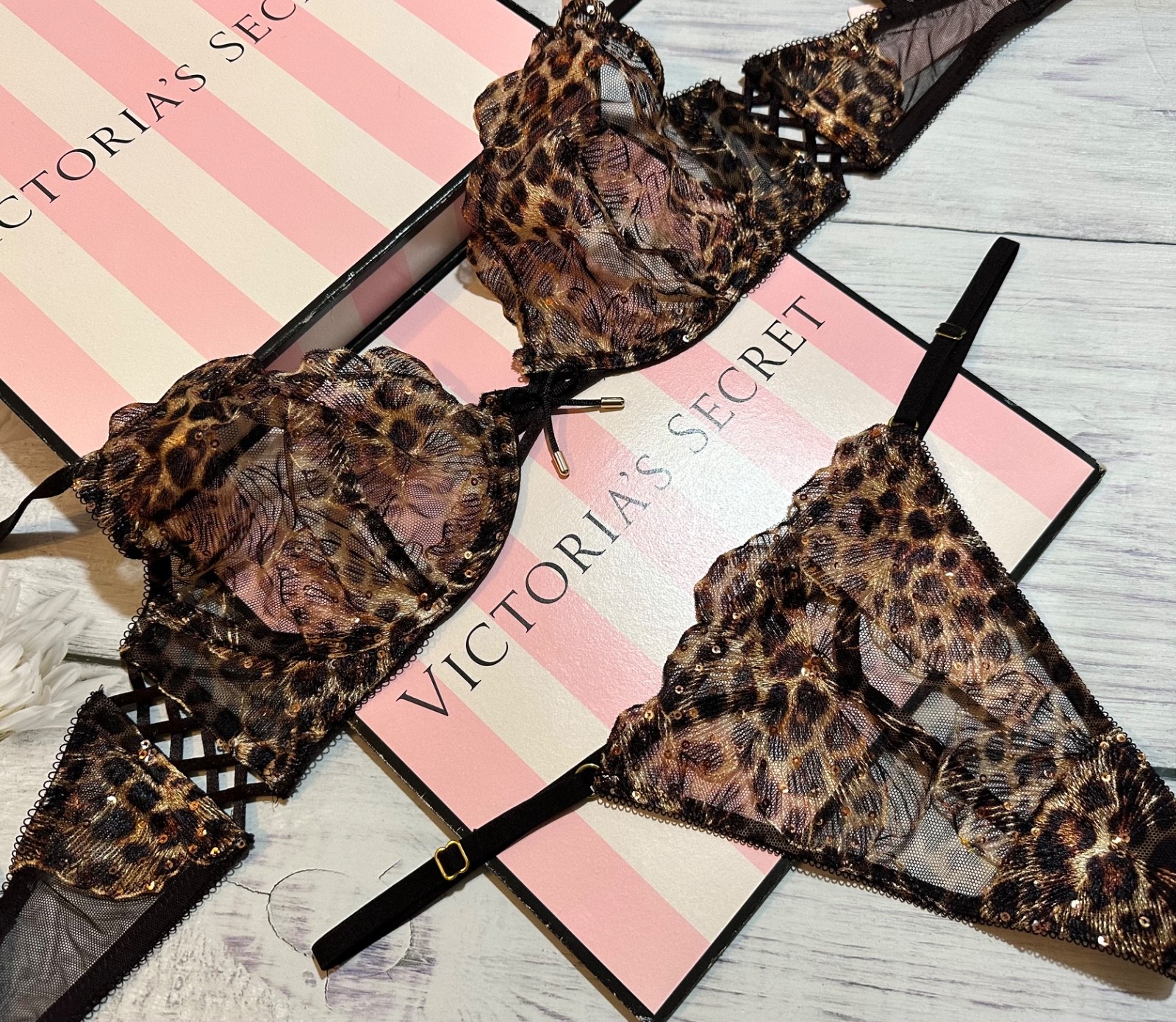 Victoria’s Secret Geo Leo Embroidery Unlined Demi Bra Garter Thong Set