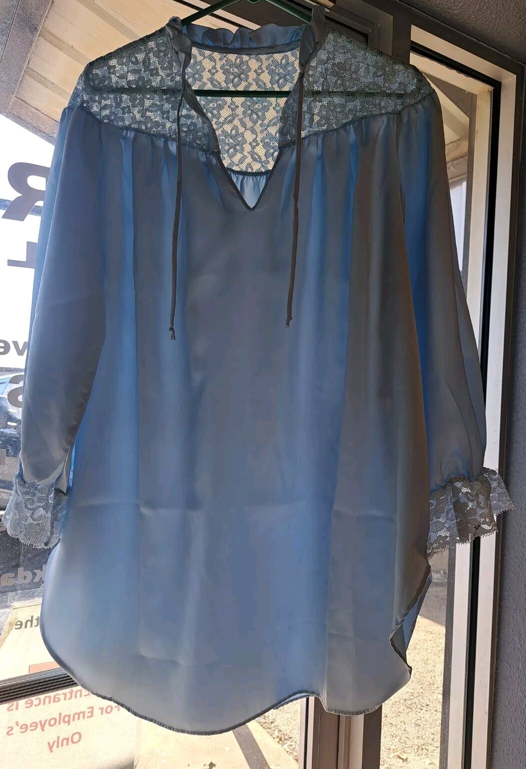 VTG Val Mode Lingerie Shiny Satin OVERSIZED Gown Lace Blue Large Moo Moo (B9.1)
