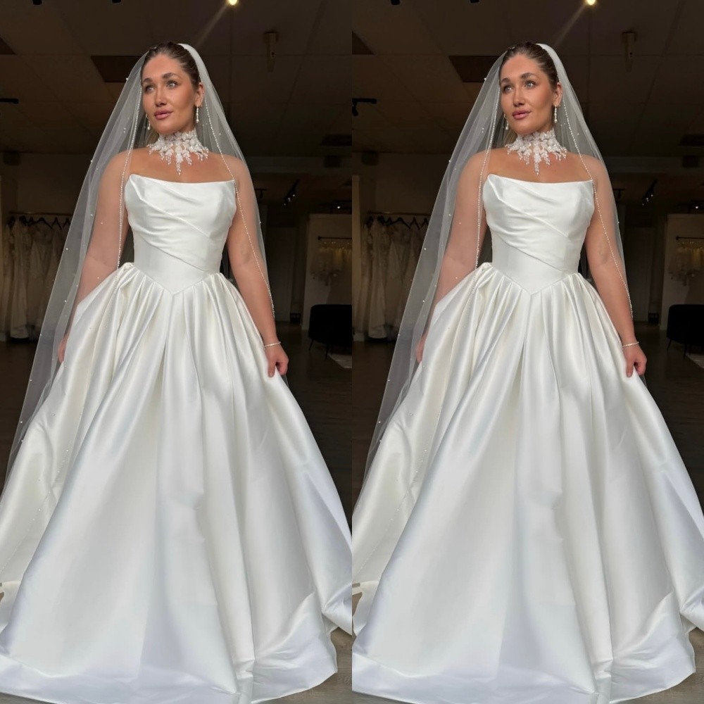 Classic Wedding Dresses Strapless Satin White/Ivory Bridal Gowns Sweep Train