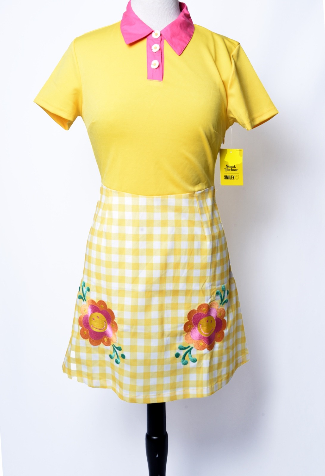 SMAK PARLOUR SMILEY YELLOW & PINK MINI MOD SHIFT DRESS – SZ S, M, L – NEW