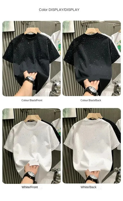 Summer Men Clothing Summer Rhinestone Rivet T-shirt Round Neck Casual T-shirt