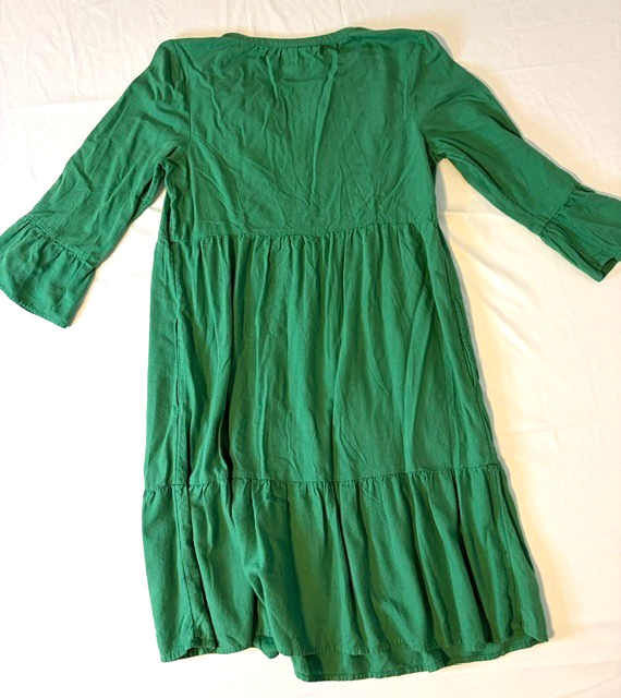 J. Jill Green Linen Blend Tiered Dress Size Medium Tall Boho Split Neck #0010