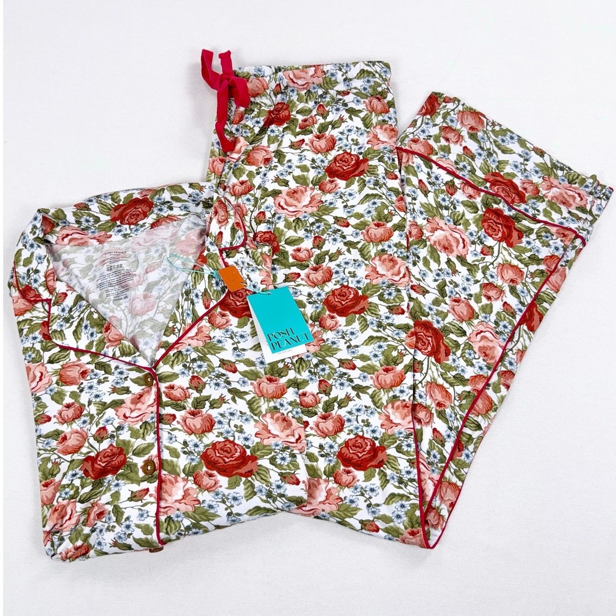 Posh Peanut Cool Down Bamboo 2pc Luxe Pajama Set Shirt Pants Floral XL Red