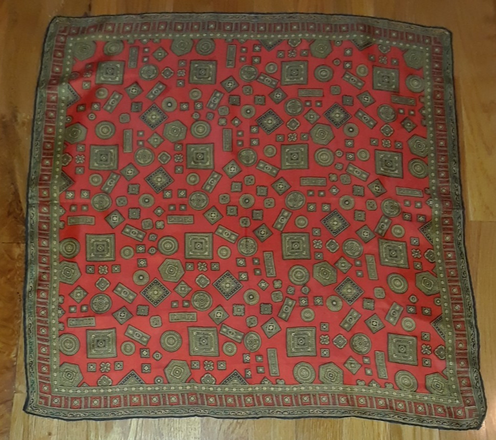 Red Black Green Yellow Ornate Geometric 100% Silk Square Scarf 22″