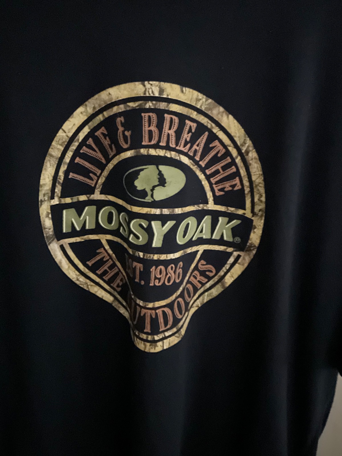 Mossy Oak Mens XL Black Graphic Tee Live & Breathe The Outdoors Camo Logo