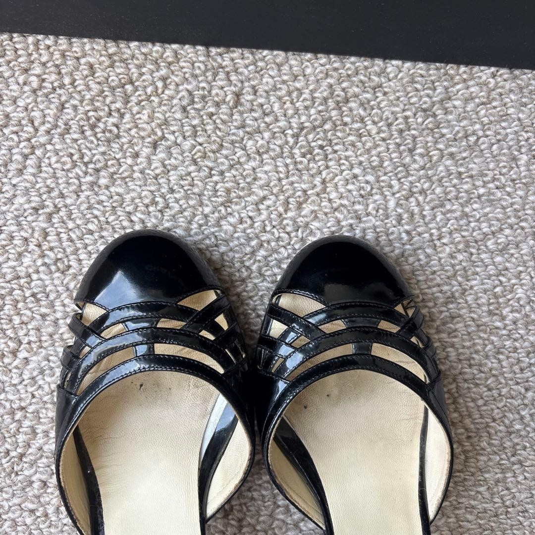 CHANEL Open Toe High Heels 36.5 Black Patent Leather 7.1-10cm Heel