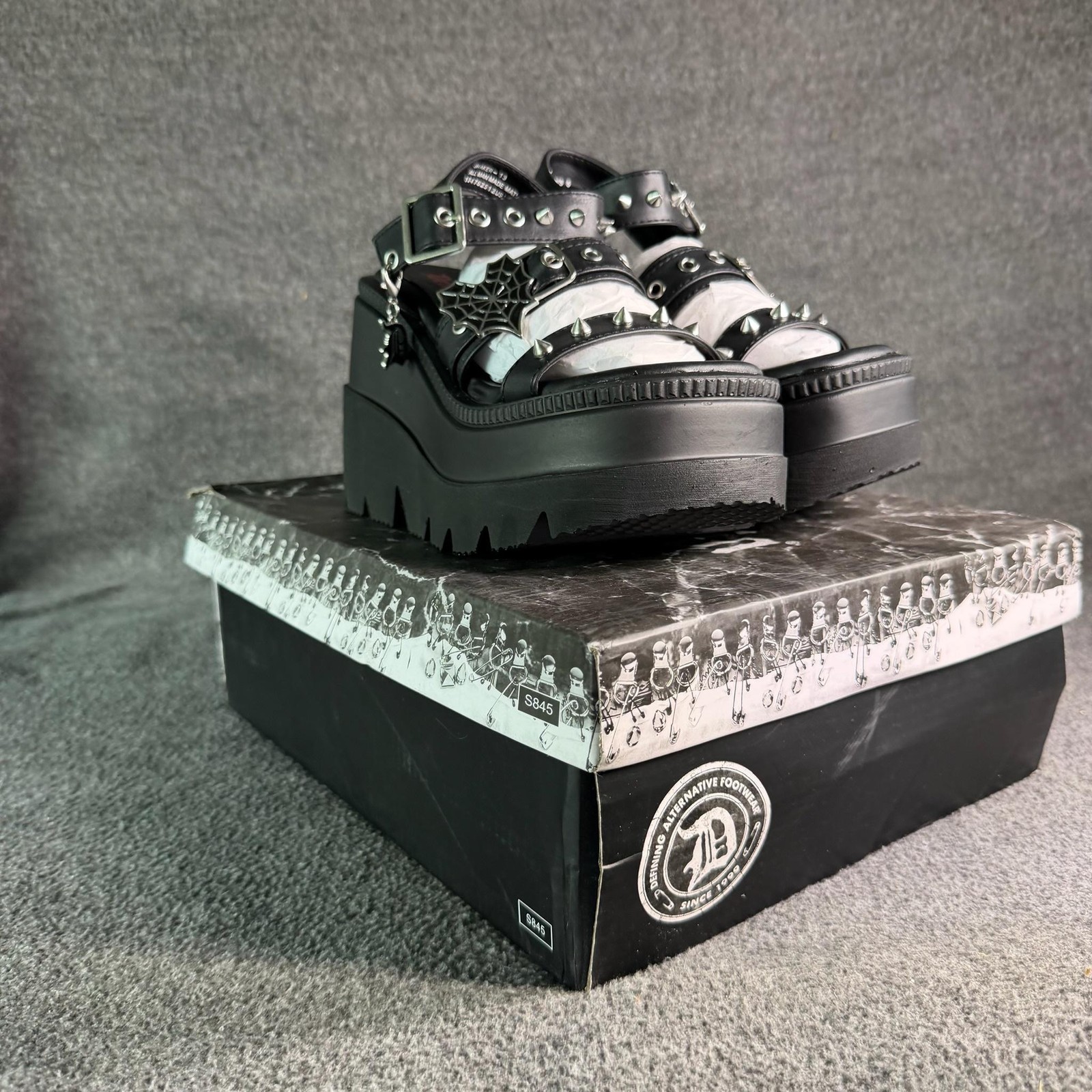 Demonia Shaker-13 Sandals Shoes Womens Size 5 Black Vegan Wedge Platform Spikes