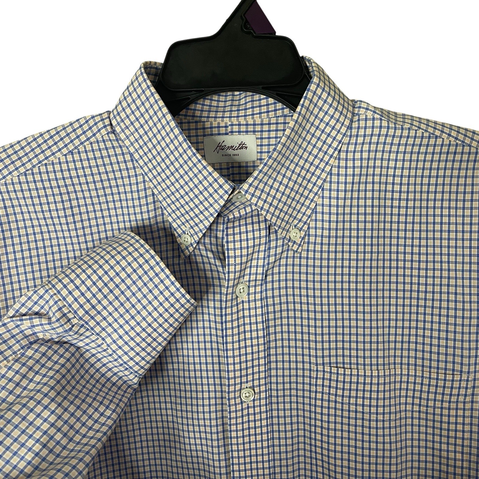 Hamilton Dress Shirt Mens 16 – 34 Blue Yellow Check Standard Cuff Button Collar