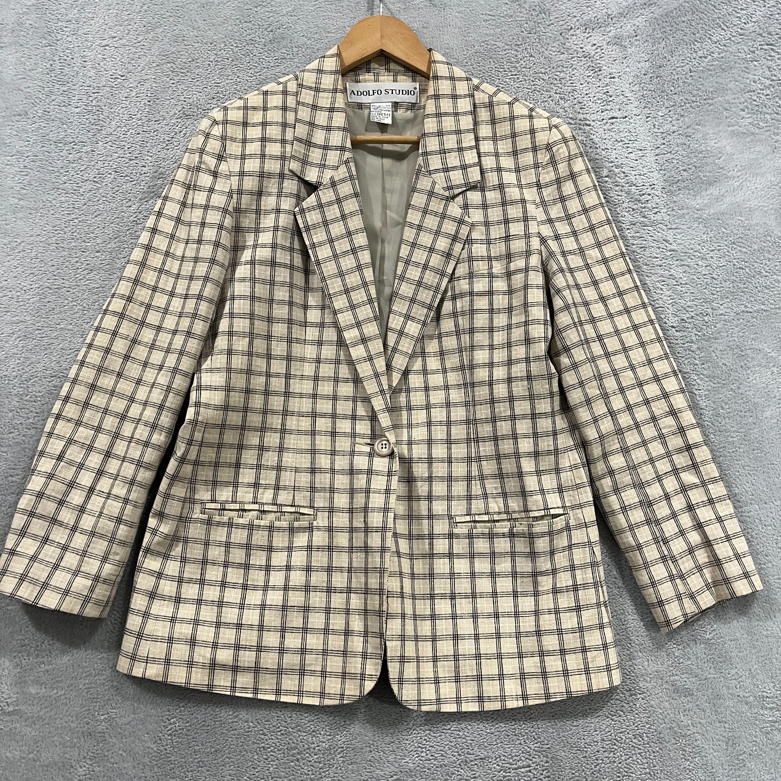 Adolfo Studio Women’s Linen Blend Blazer 8 Petite Plaid Office Preppy Career 90s