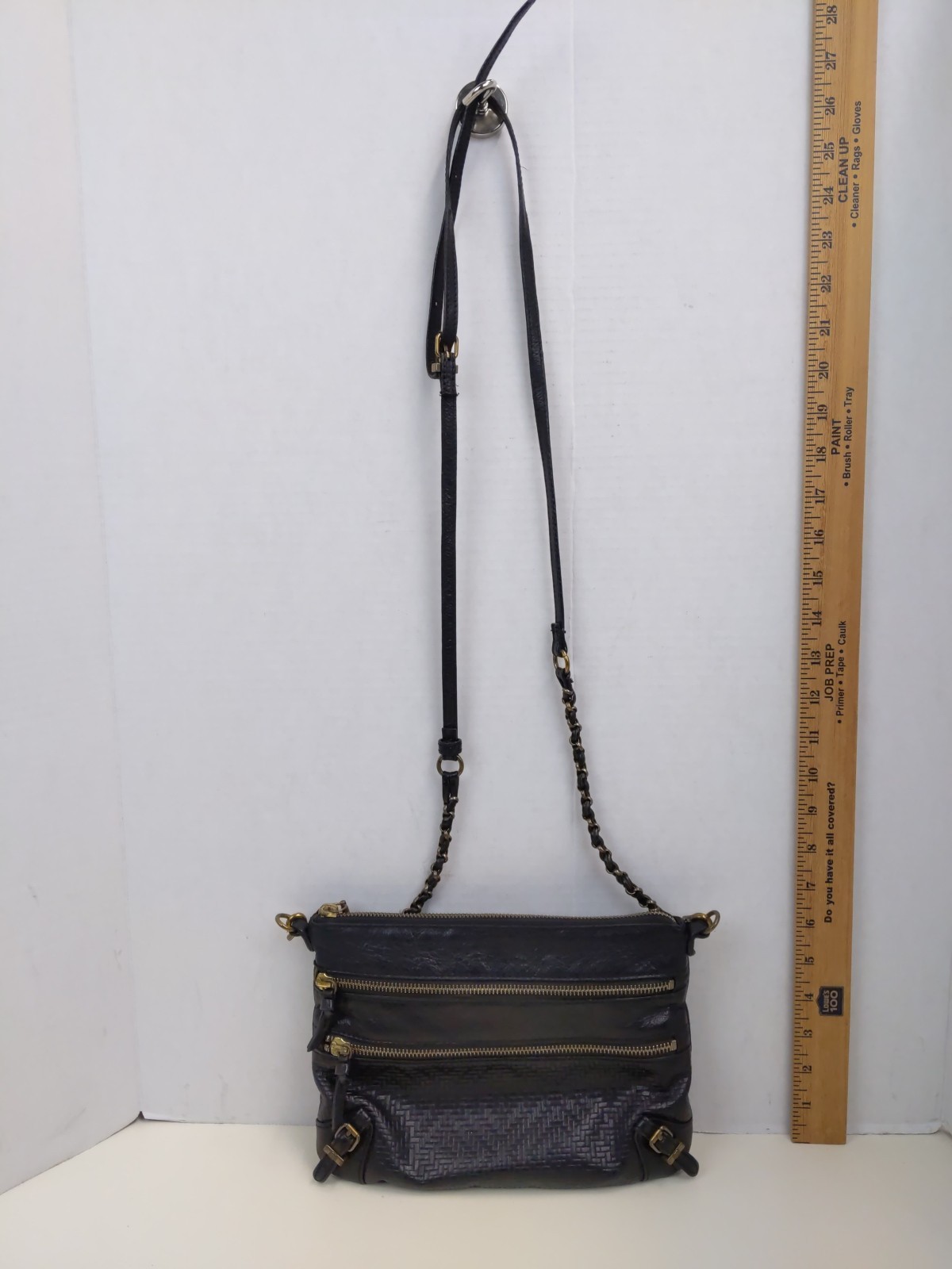 Elliott Lucca Black Leather Crossbody Shoulder Bag Multi Zip Pockets Chain Strap
