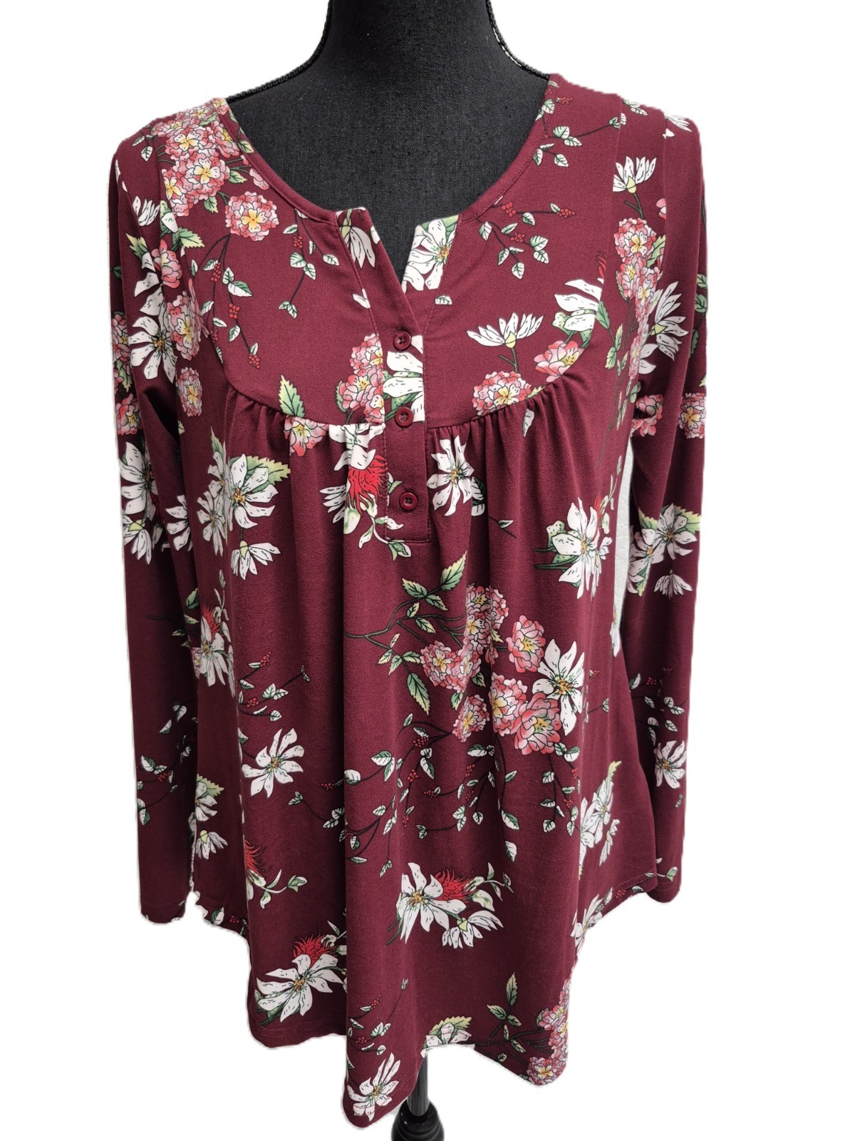 a.Jesdani Top (M) Multicolor Floral V-Neck Gathered Button-Accent Long-Sleeve