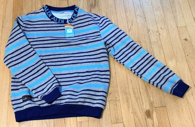Aldi Gear Pullover Sweatshirt Unisex Medium Blue Striped Crew Long Sleeve