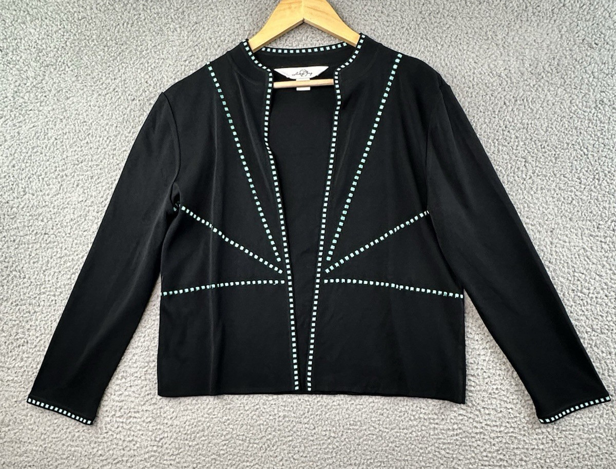 Ming Wang Jacket Womens PM Black Turquoise Open Front Cardigan Blazer Knit