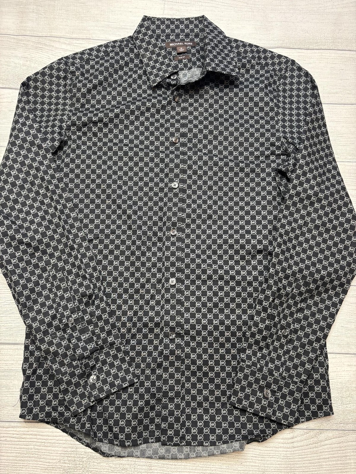 Michael Kors Dress Shirt Mens M Black Geometric Slim Fit MK Logo Long Sleeve