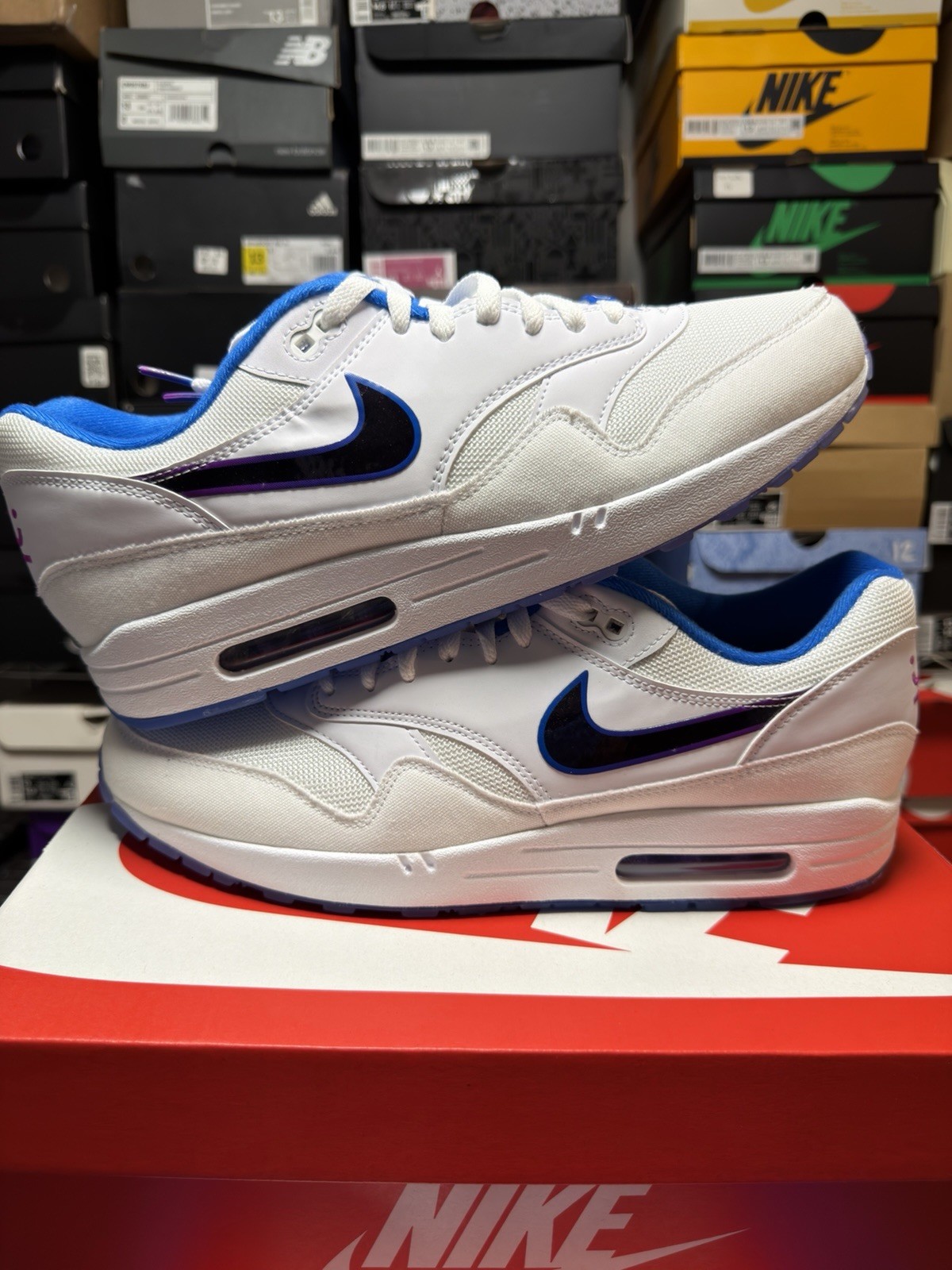 Nike Air Max 1 KC ROYALS IQ2916-100 MLB WHITE VIVID GRAPE SOAR MENS SIZE 14 NEW