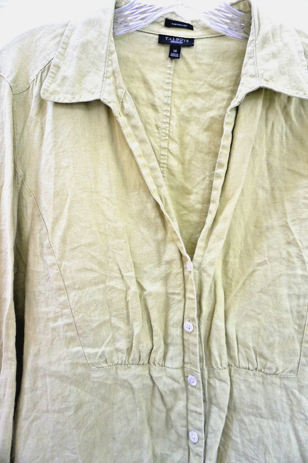 Womens Chartreuse Button Up 3/4 Sleeve Irish Linen Shirt Size 14 Coastal Casual
