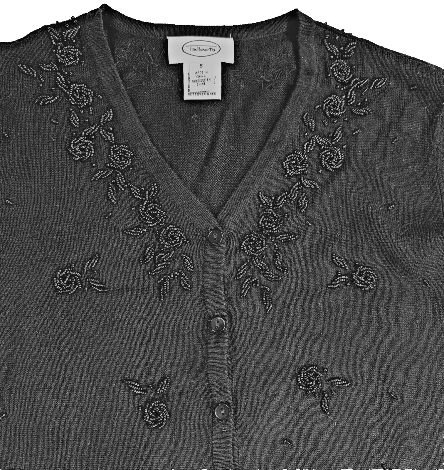 TALBOTS Sz S Black Floral Beaded Soft SILK CASHMERE Button Cardigan Sweater NWOT