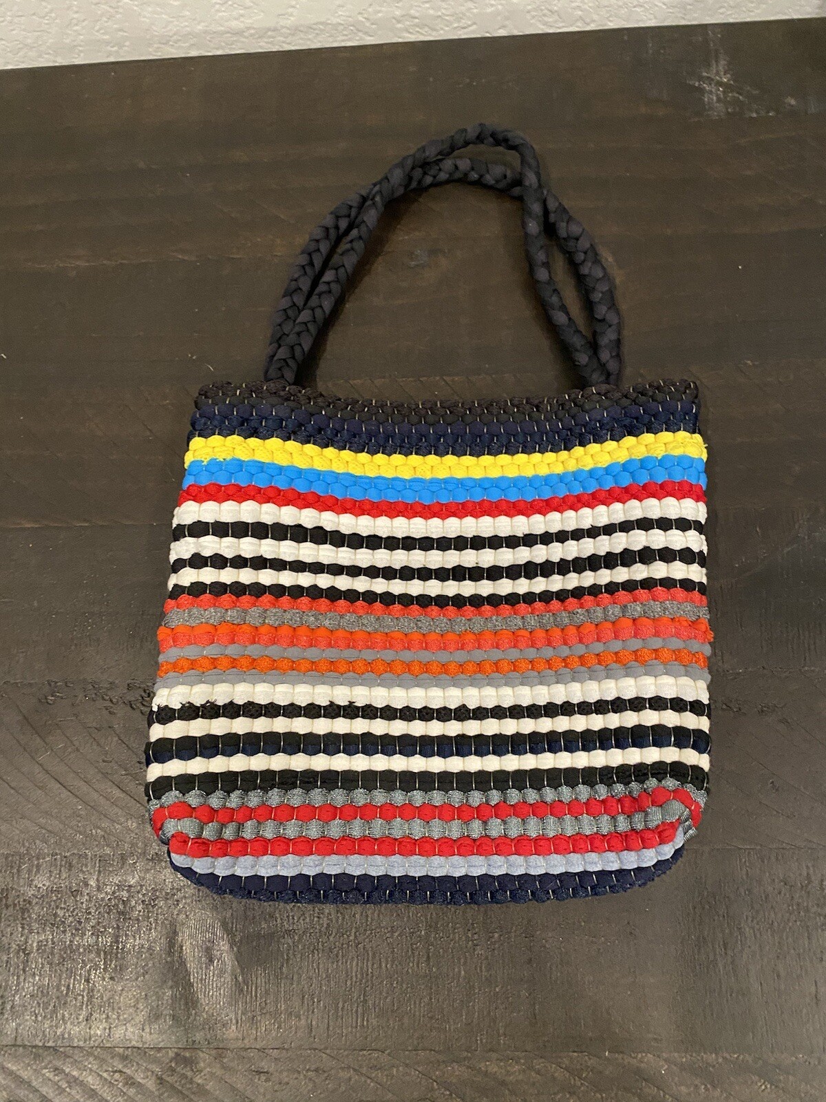 Hand Crocheted Small Purse Striped Multicolor 7 1/2 In Tall 8 In Wide