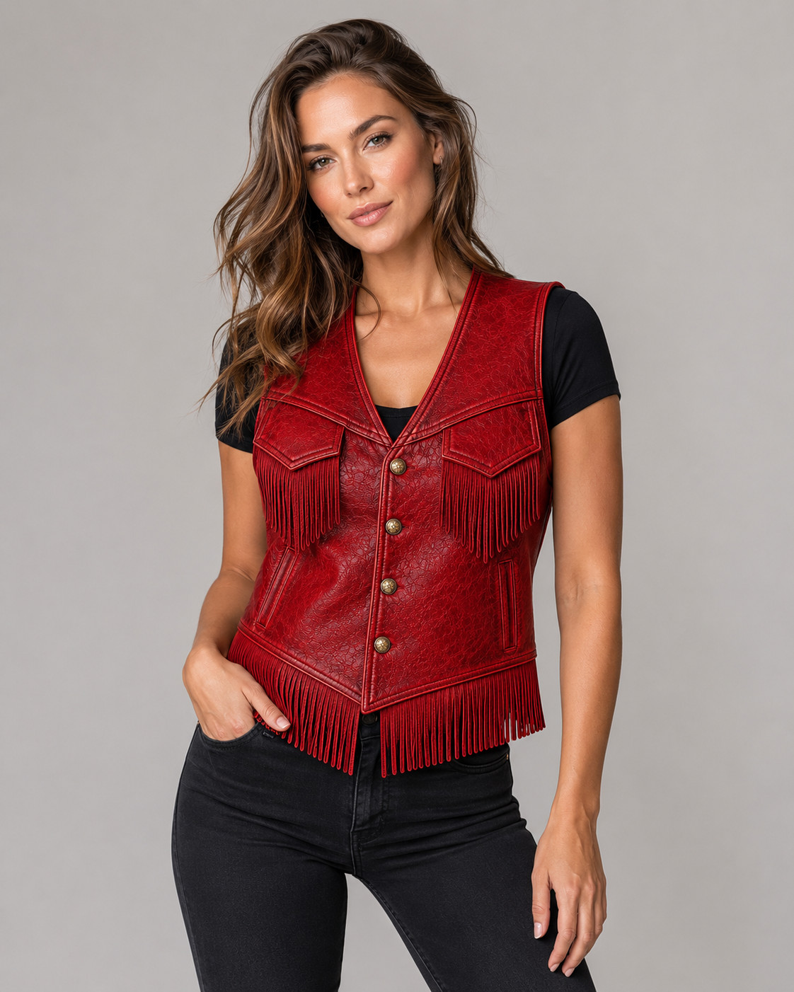 Women’s Red Genuine Leather Fringe Vest Western Cowgirl Fitted Waistcoat