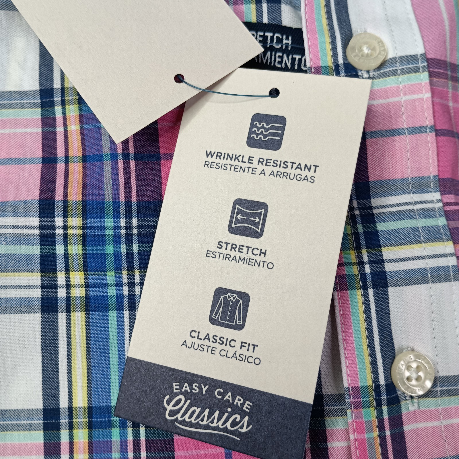 Chaps Easy Care Woven Shirt Men’s Size XL Peony Pink Plaid Stretch Classic Fit