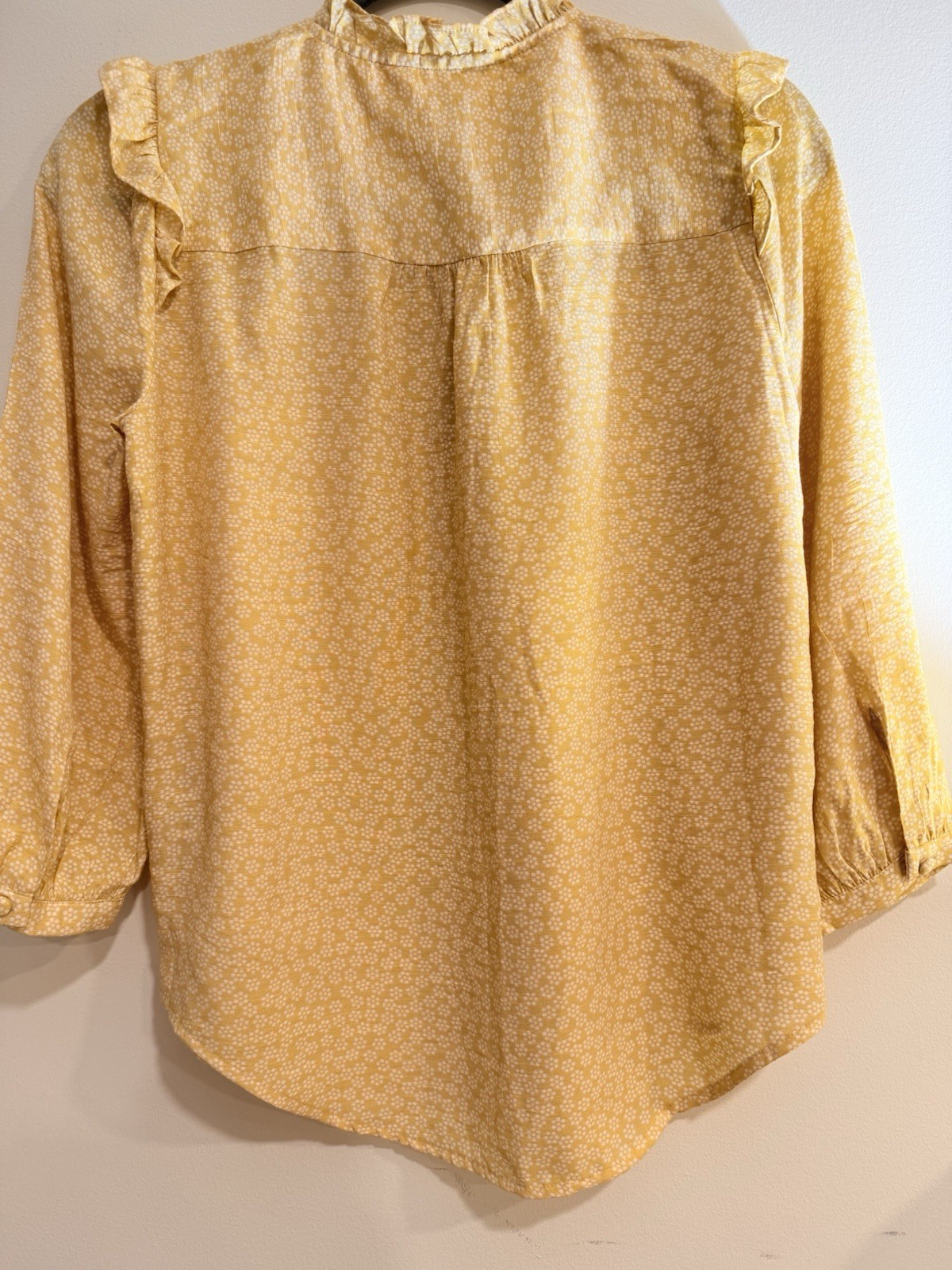 LC Lauren Conrad Blouse Yellow/White Ruffle Neck Puff 3/4 XS