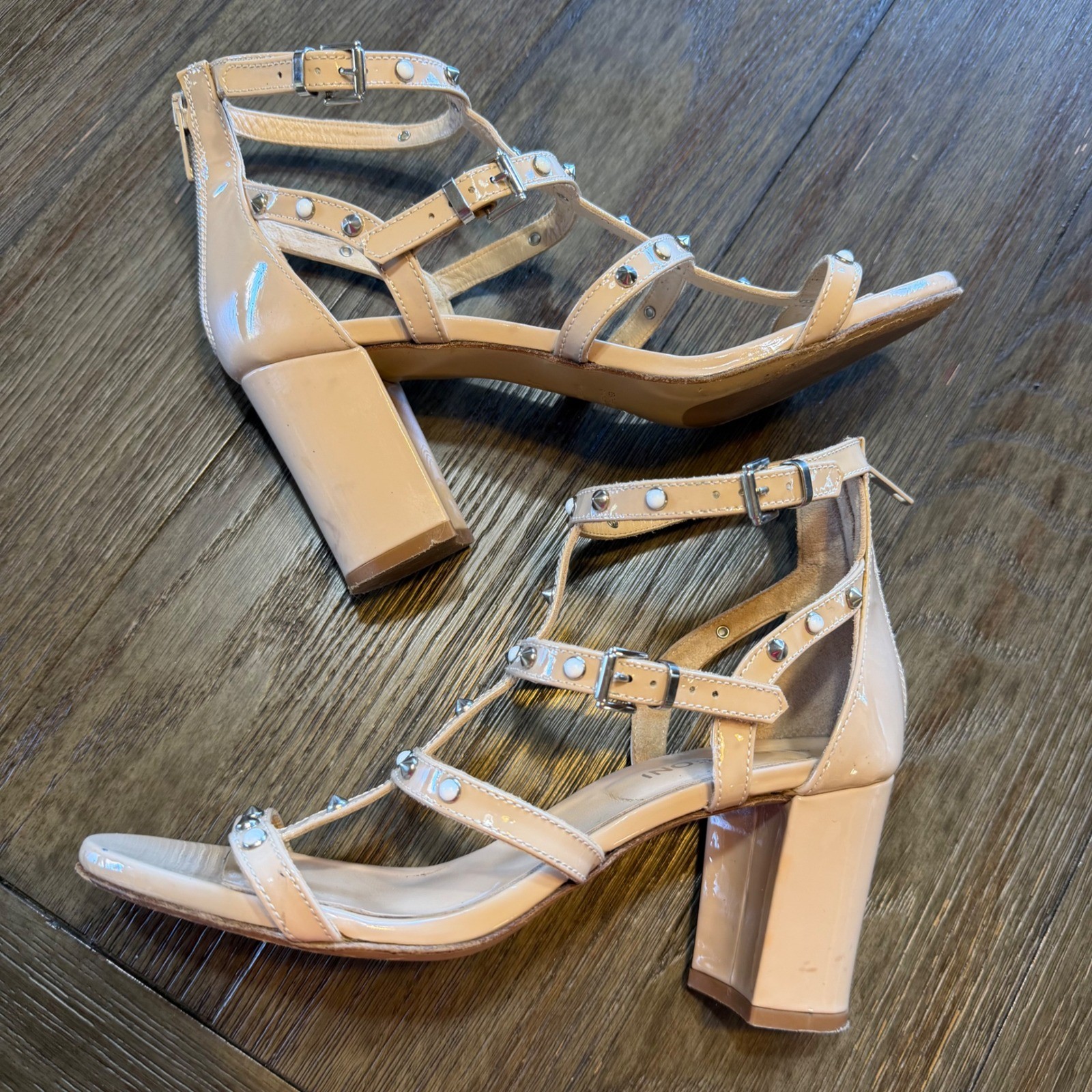 Napoleoni Italy Nude Patent Leather Studded Gladiator Block Heel Sandals EU 38