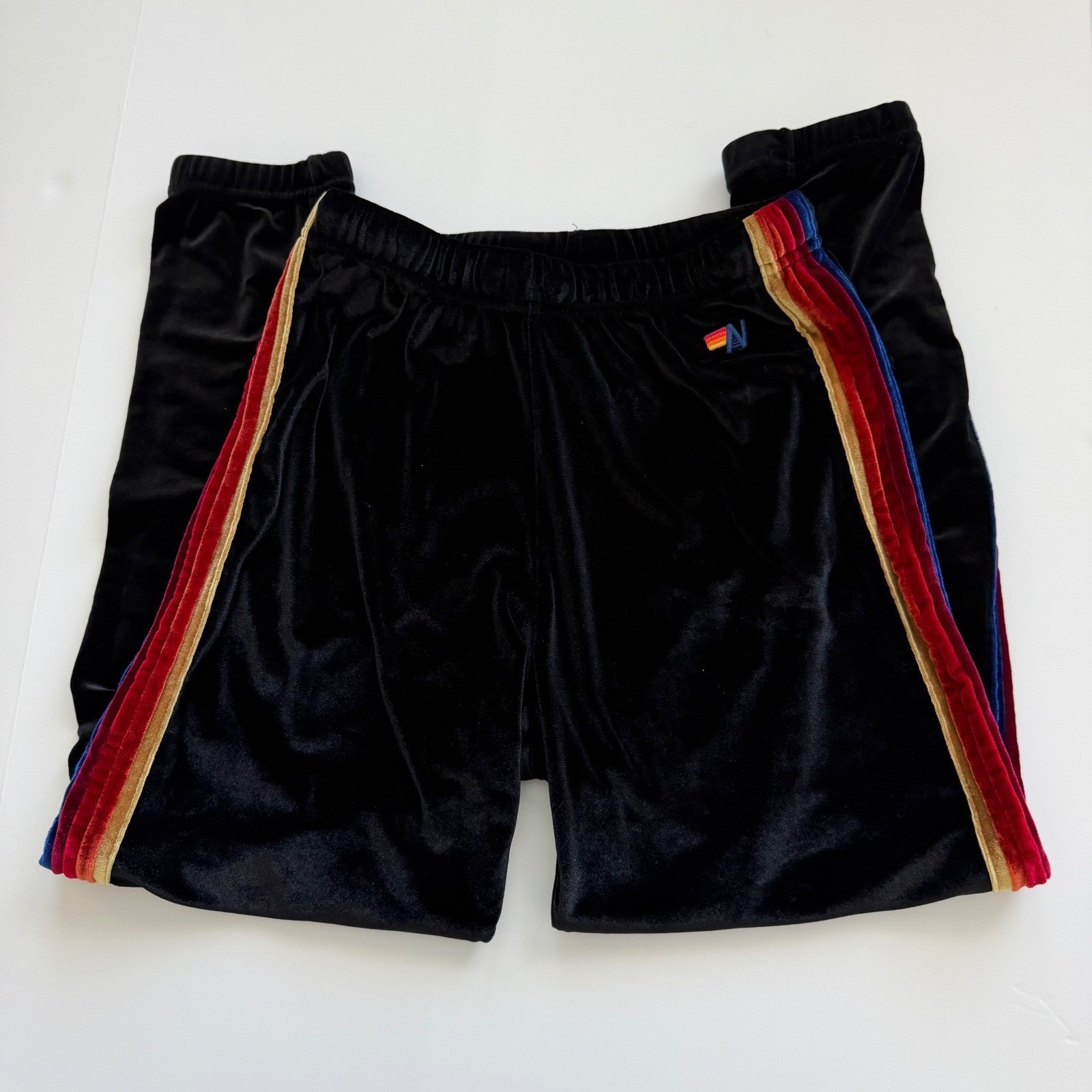 Aviator Nation Black Velvet Rainbow 5 Stripe Jogger Sweatpants Womens XS