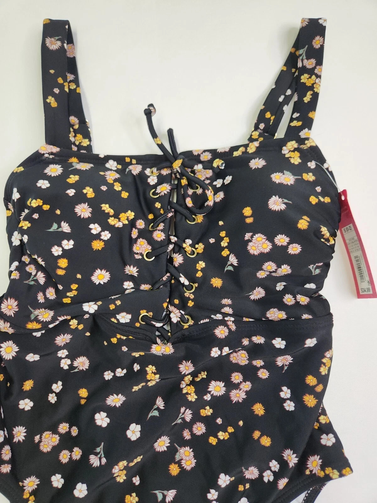 Xhilaration Juniors Black Floral Medium Cover 1 Pc Swimsuit Size S 0-2 Lace Up