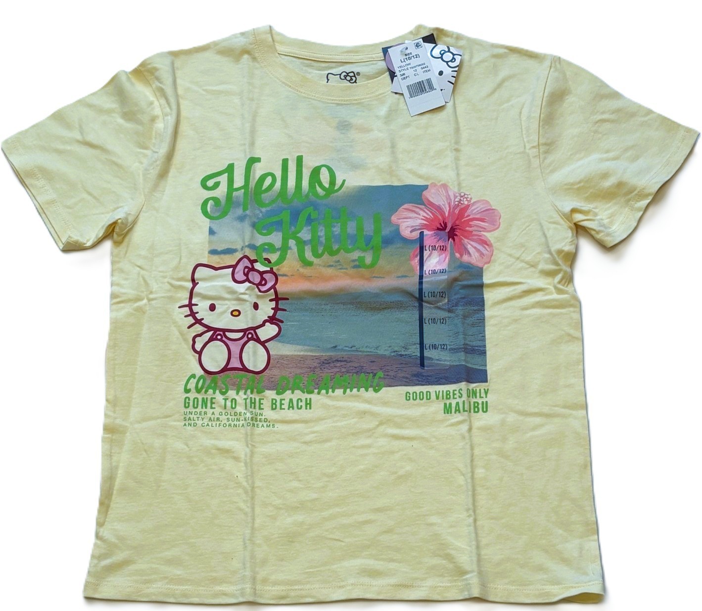 New Hello Kitty Sanrio Yellow Coastal Dreaming Tee Shirt Size L 10-12 NWT