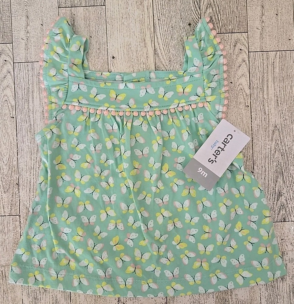 Carter’s Short Set 6-9 Months Butterflies Shirt Shorts Romper Girl 3pc NEW