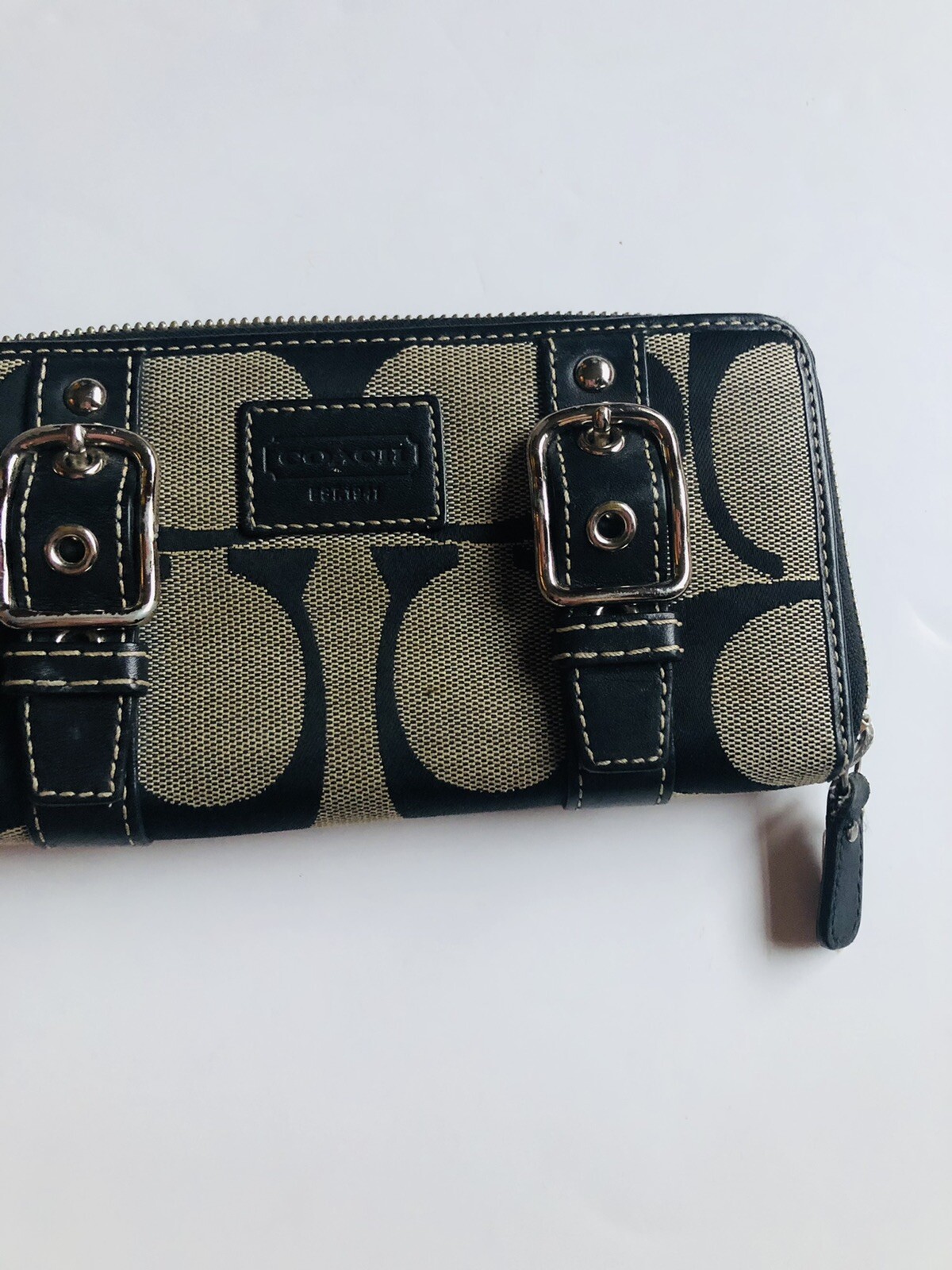 Coach Brown Signature Jacquard Buckle Belt Embellish Accordion Zip Wallet