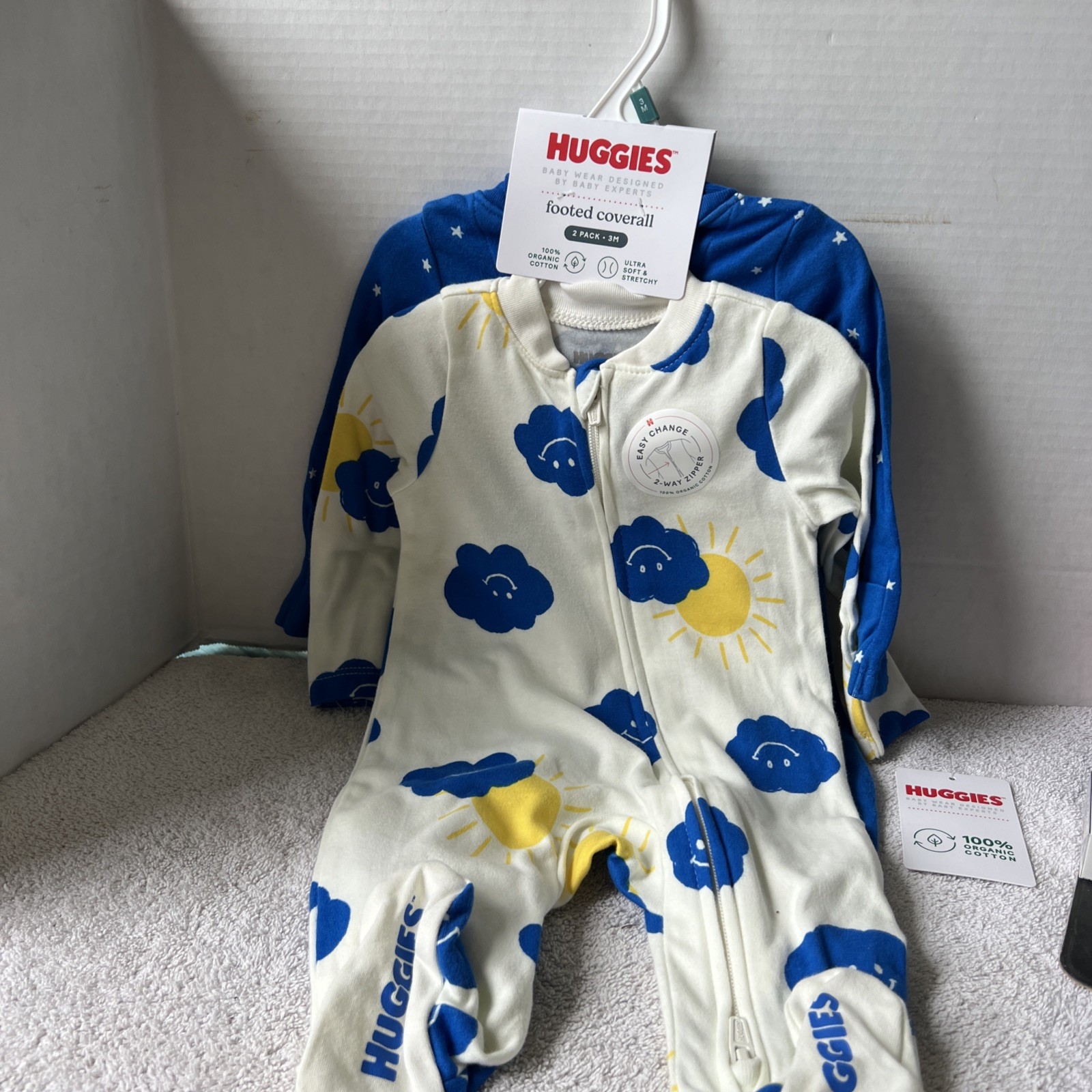 Huggies Super Soft Coverall 100% Organic Cotton 2way Zip 2pc Clouds Sun Stars 3m