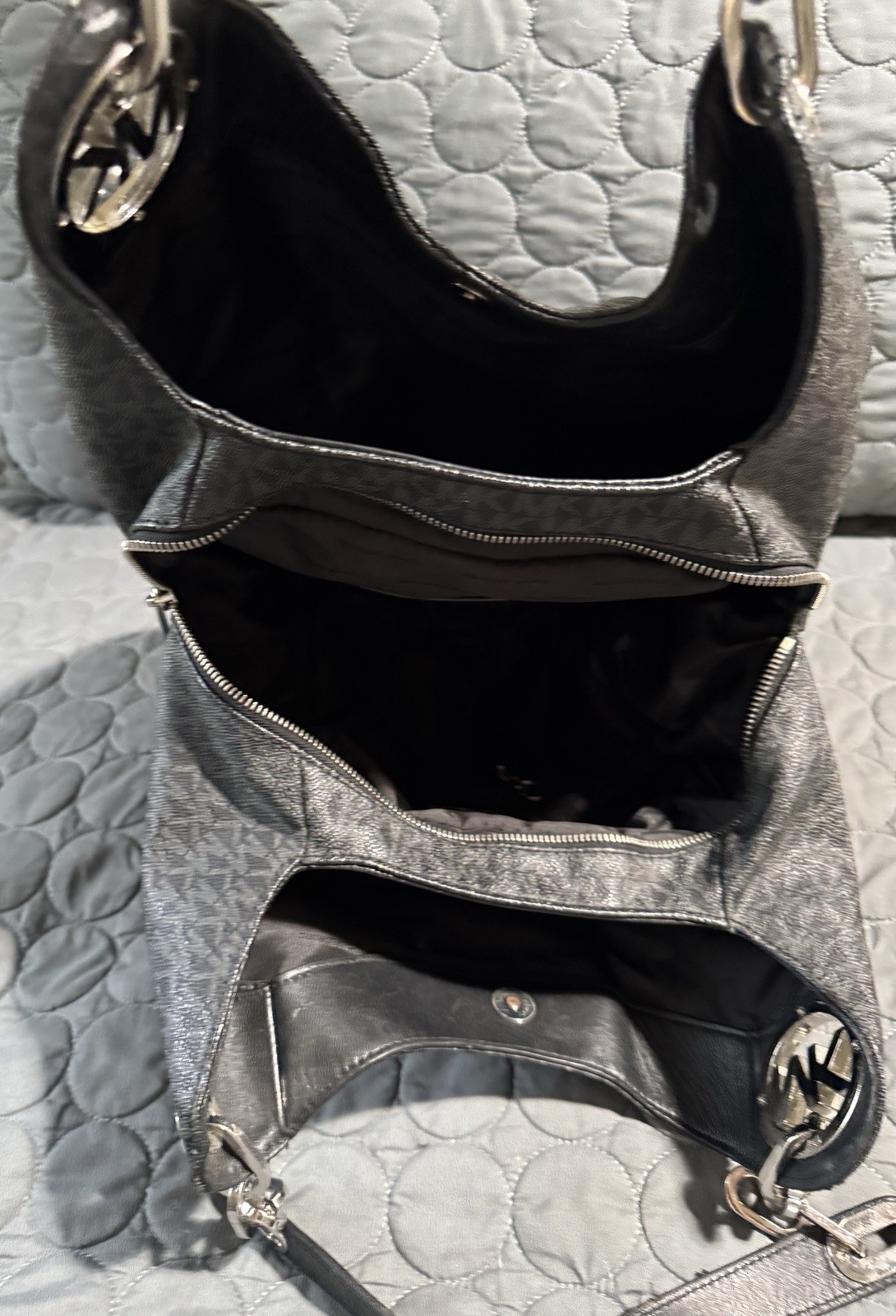 Michael Kors Gray/Black Monogram Hobo Shoulder Bag Zip/Magnetic Silver HW