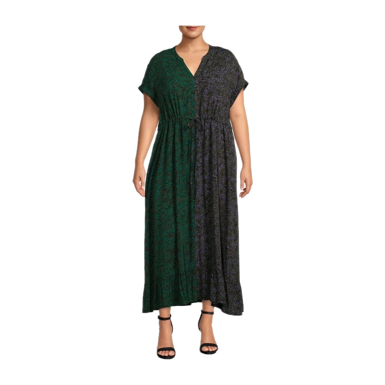 Terra & Sky 0X 14W green purple half N half split dress black dots v-neck